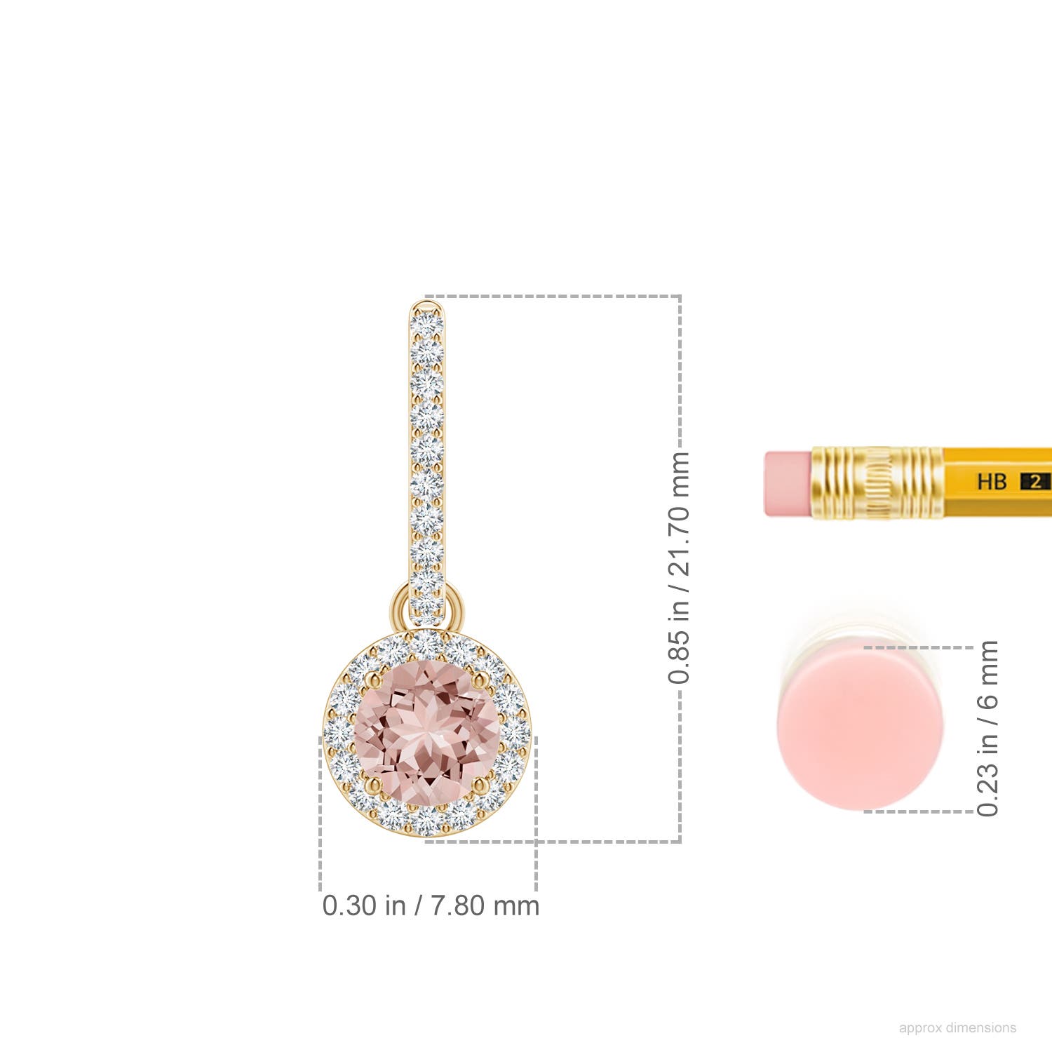 5mm AAAA Round Morganite Dangle Earrings with Diamond Halo in Yellow Gold - ruler