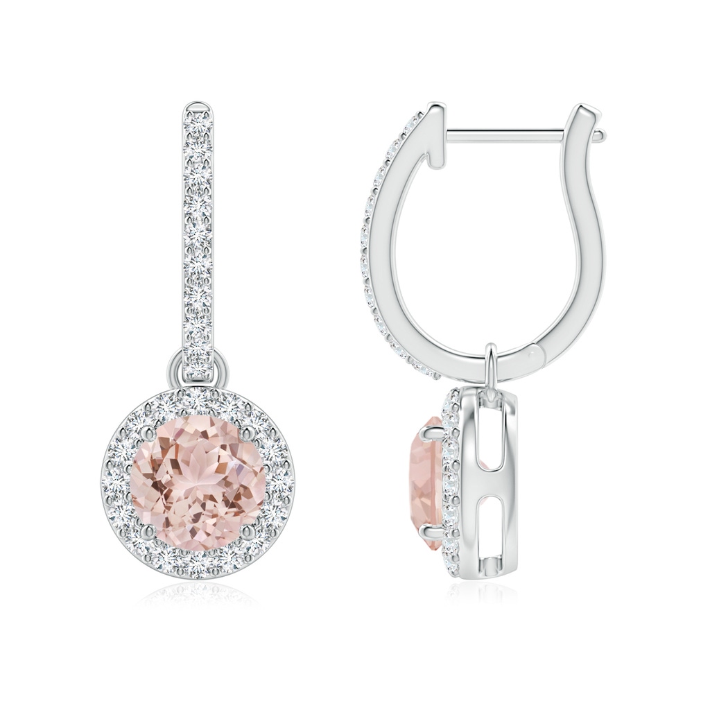 6mm AAA Round Morganite Dangle Earrings with Diamond Halo in White Gold