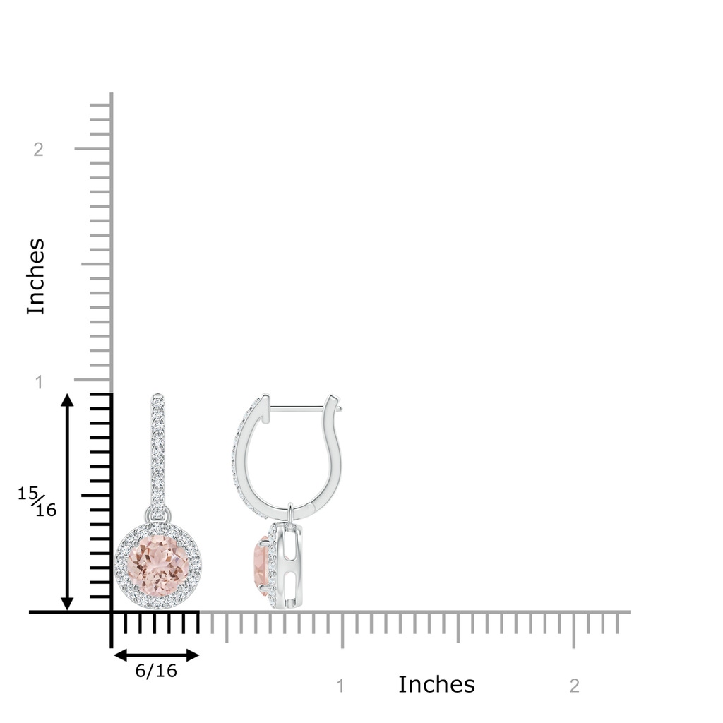 6mm AAA Round Morganite Dangle Earrings with Diamond Halo in White Gold Ruler