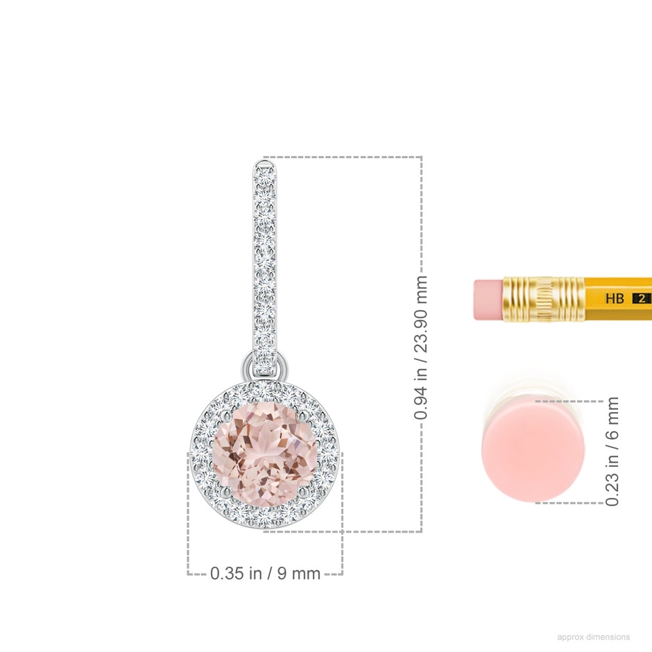 6mm AAA Round Morganite Dangle Earrings with Diamond Halo in White Gold ruler