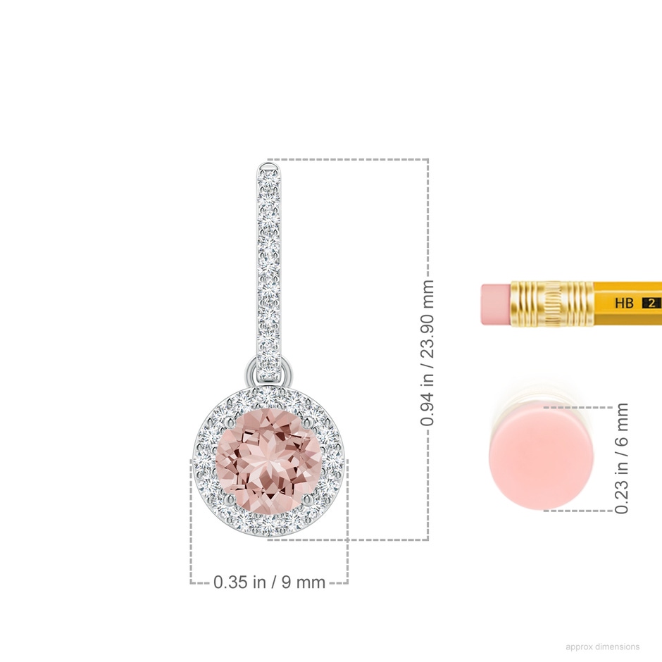 6mm AAAA Round Morganite Dangle Earrings with Diamond Halo in P950 Platinum ruler