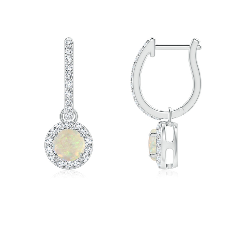 4mm AAA Round Opal Dangle Earrings with Diamond Halo in White Gold 