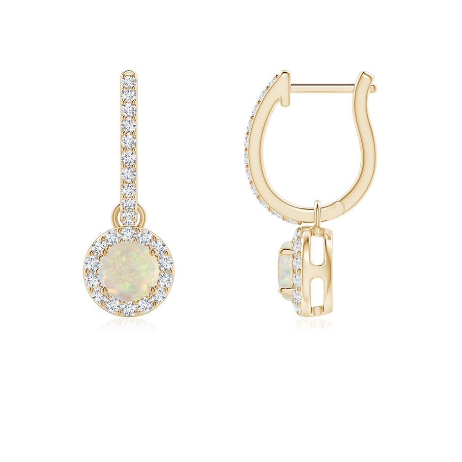 4mm AAA Round Opal Dangle Earrings with Diamond Halo in Yellow Gold 
