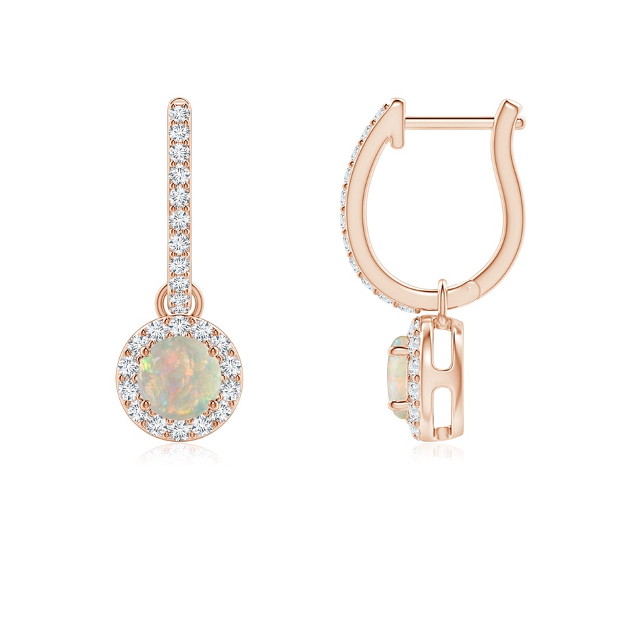 4mm AAAA Round Opal Dangle Earrings with Diamond Halo in 9K Rose Gold 