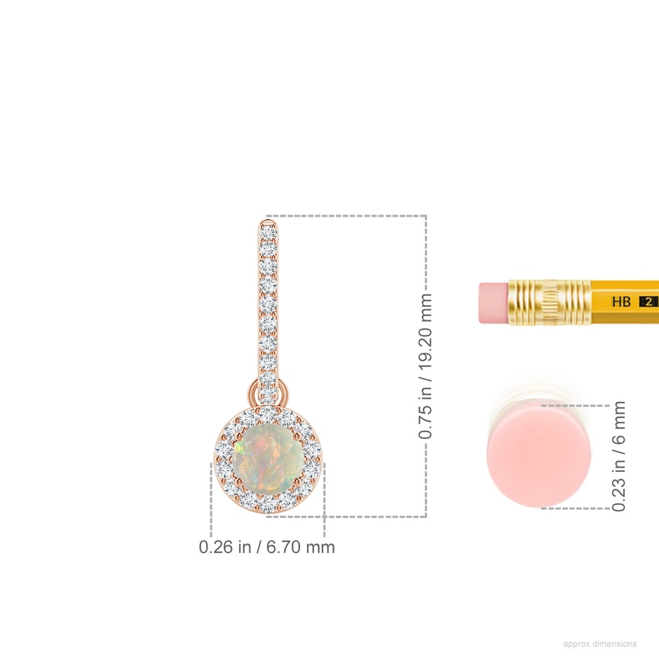4mm AAAA Round Opal Dangle Earrings with Diamond Halo in 9K Rose Gold ruler