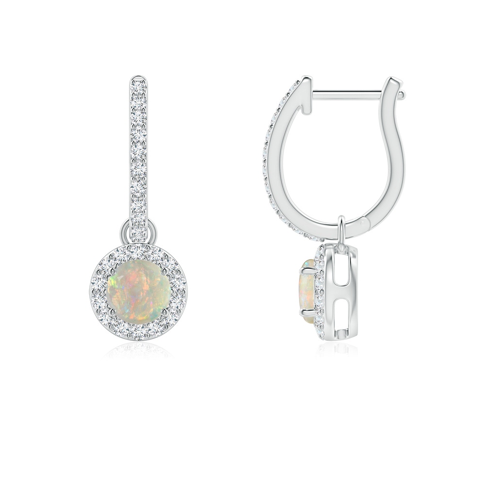 4mm AAAA Round Opal Dangle Earrings with Diamond Halo in White Gold 