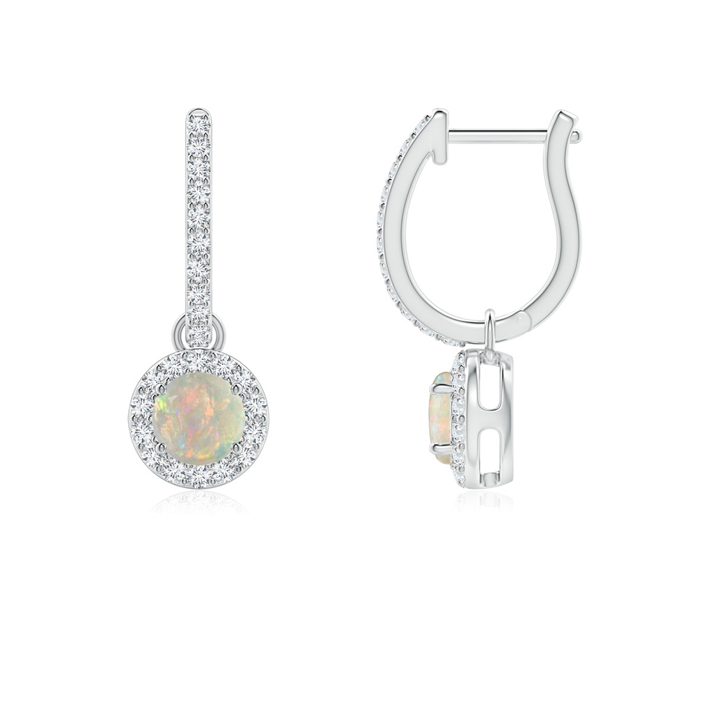 4mm AAAA Round Opal Dangle Earrings with Diamond Halo in White Gold