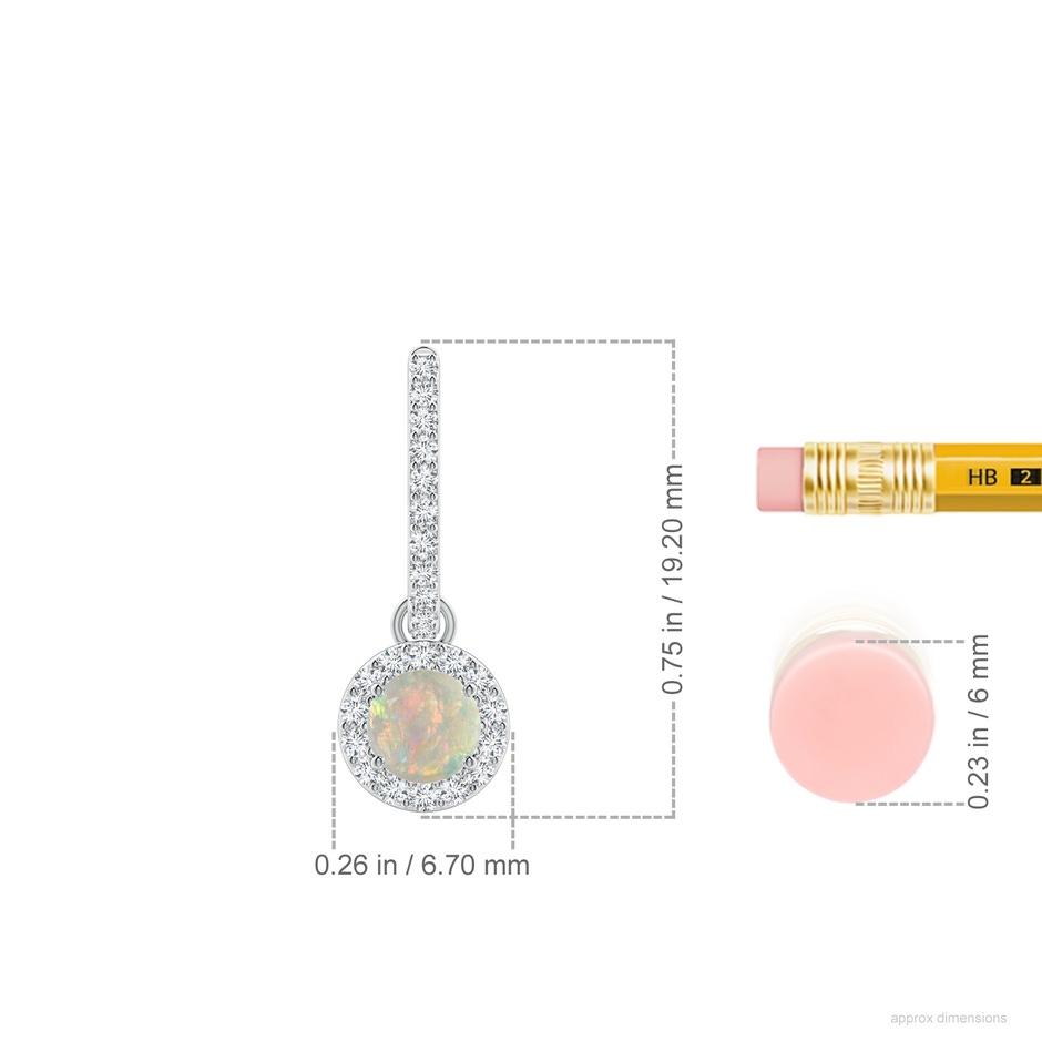 4mm AAAA Round Opal Dangle Earrings with Diamond Halo in White Gold ruler