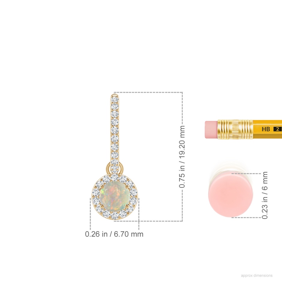 4mm AAAA Round Opal Dangle Earrings with Diamond Halo in Yellow Gold ruler