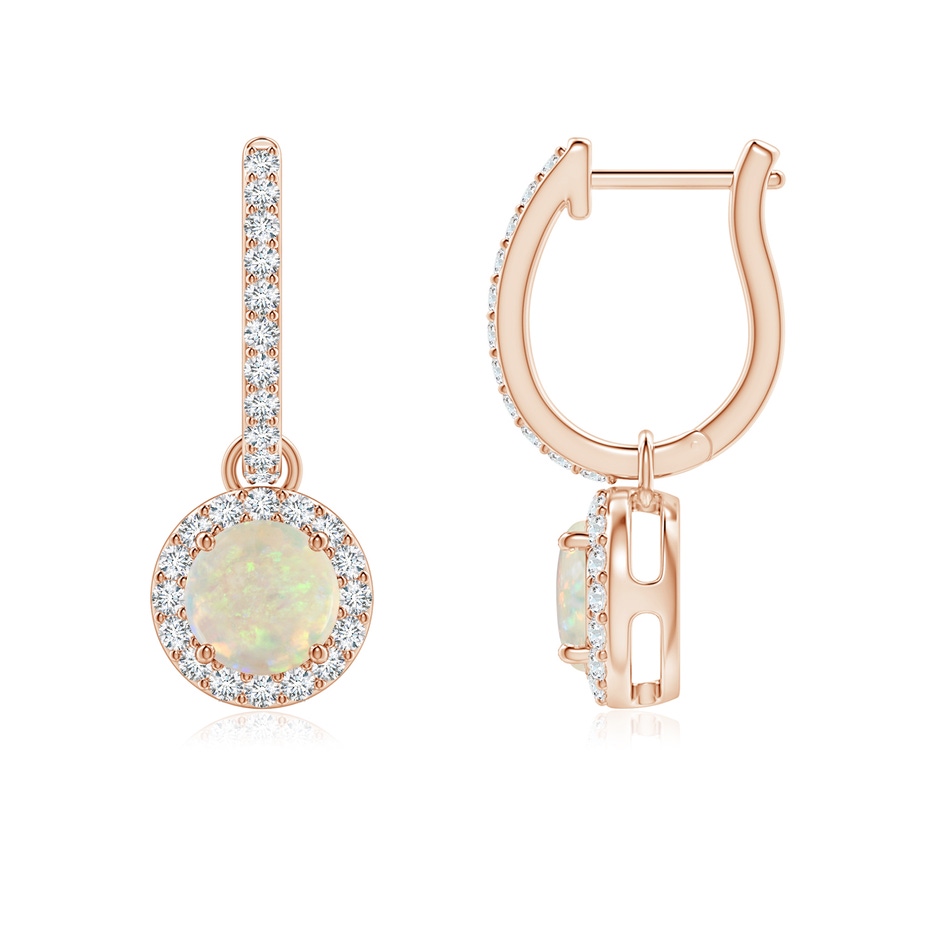 5mm AAA Round Opal Dangle Earrings with Diamond Halo in Rose Gold 