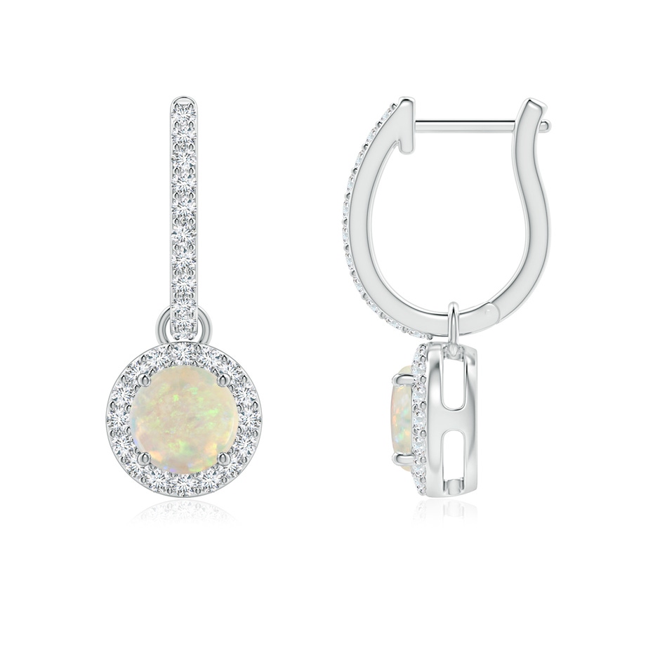 5mm AAA Round Opal Dangle Earrings with Diamond Halo in White Gold 