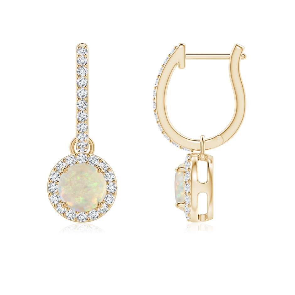 5mm AAA Round Opal Dangle Earrings with Diamond Halo in Yellow Gold 