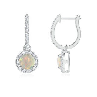 5mm AAAA Round Opal Dangle Earrings with Diamond Halo in P950 Platinum