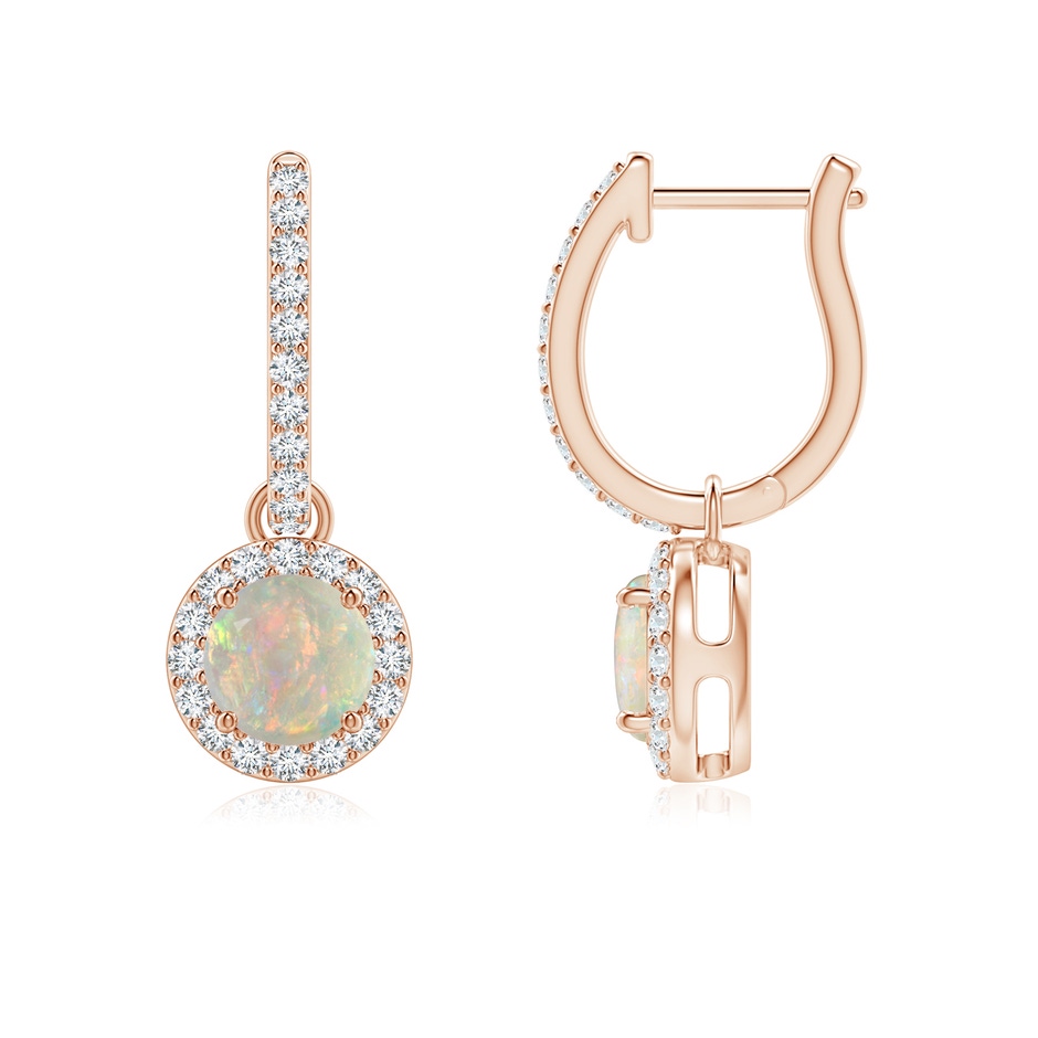 5mm AAAA Round Opal Dangle Earrings with Diamond Halo in Rose Gold 
