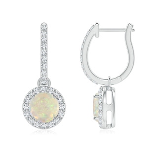 6mm AAA Round Opal Dangle Earrings with Diamond Halo in White Gold