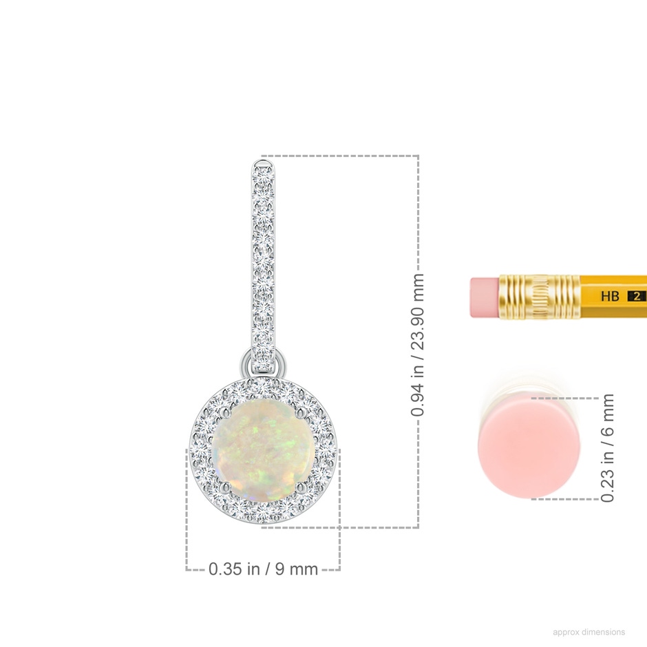 6mm AAA Round Opal Dangle Earrings with Diamond Halo in White Gold ruler