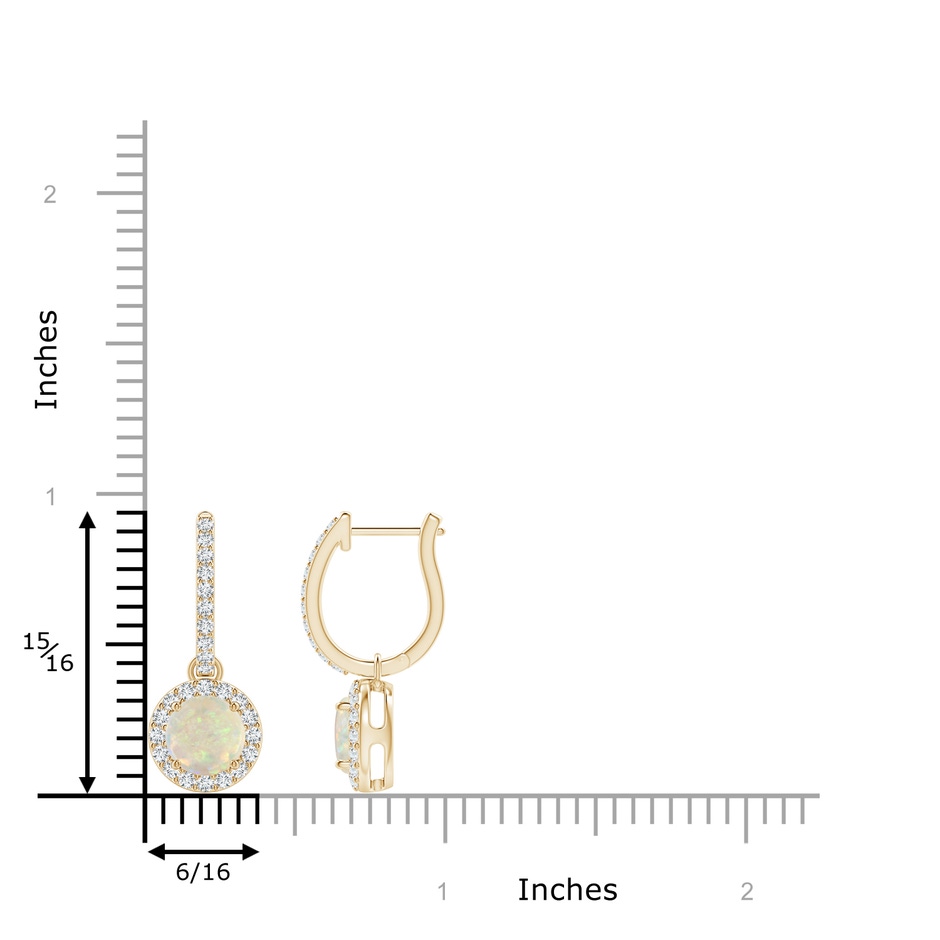 6mm AAA Round Opal Dangle Earrings with Diamond Halo in Yellow Gold ruler