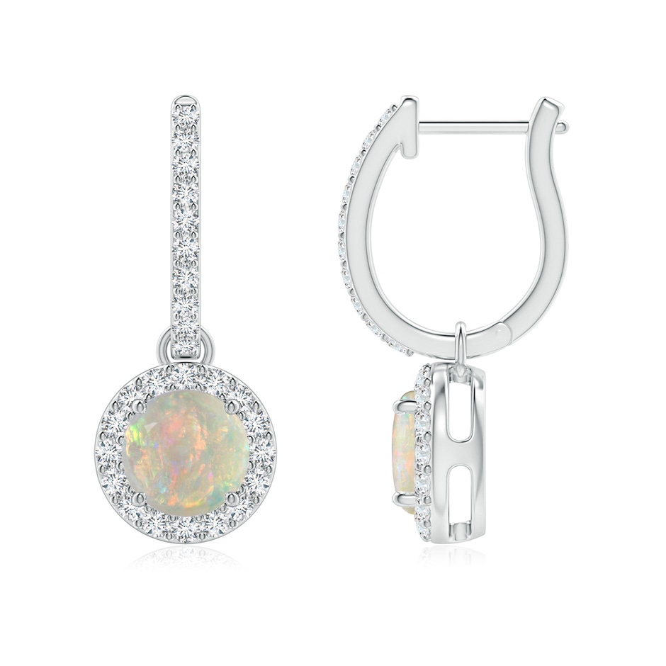 6mm AAAA Round Opal Dangle Earrings with Diamond Halo in White Gold 