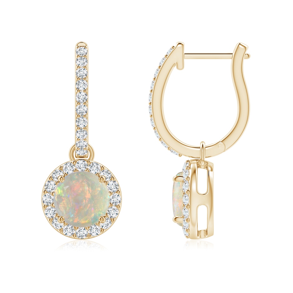 6mm AAAA Round Opal Dangle Earrings with Diamond Halo in Yellow Gold 