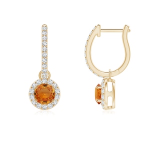 4mm AAA Round Orange Sapphire Dangle Earrings with Diamond Halo in Yellow Gold