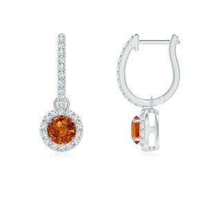 4mm AAAA Round Orange Sapphire Dangle Earrings with Diamond Halo in White Gold