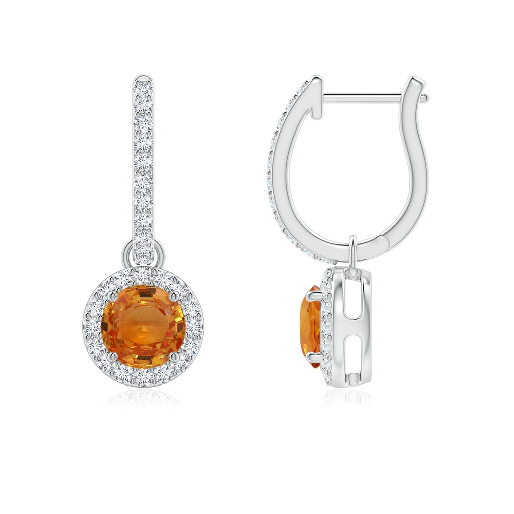 5mm AAA Round Orange Sapphire Dangle Earrings with Diamond Halo in White Gold