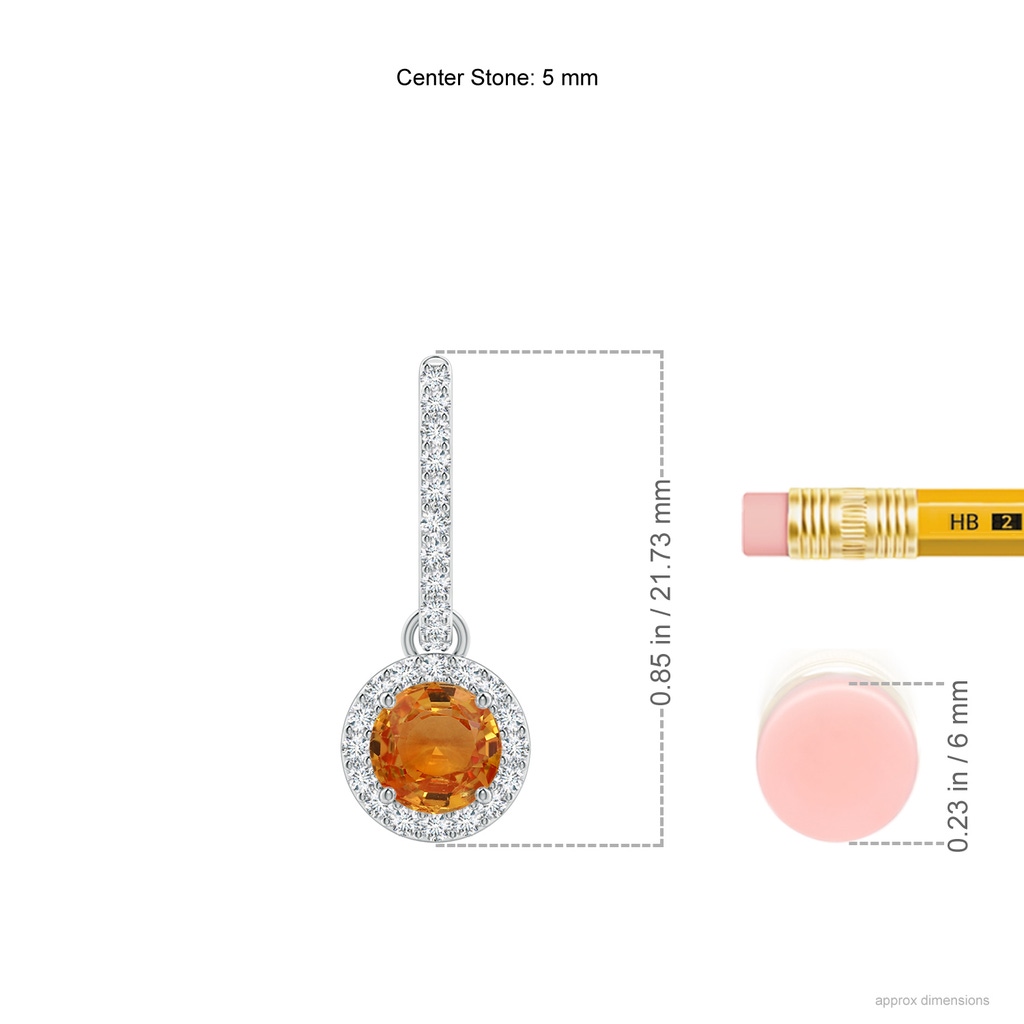 5mm AAA Round Orange Sapphire Dangle Earrings with Diamond Halo in White Gold Ruler