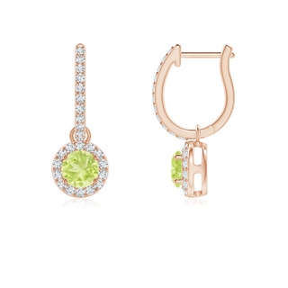 4mm A Round Peridot Dangle Earrings with Diamond Halo in Rose Gold