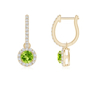 4mm AAA Round Peridot Dangle Earrings with Diamond Halo in Yellow Gold