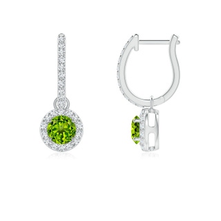 4mm AAAA Round Peridot Dangle Earrings with Diamond Halo in 9K White Gold