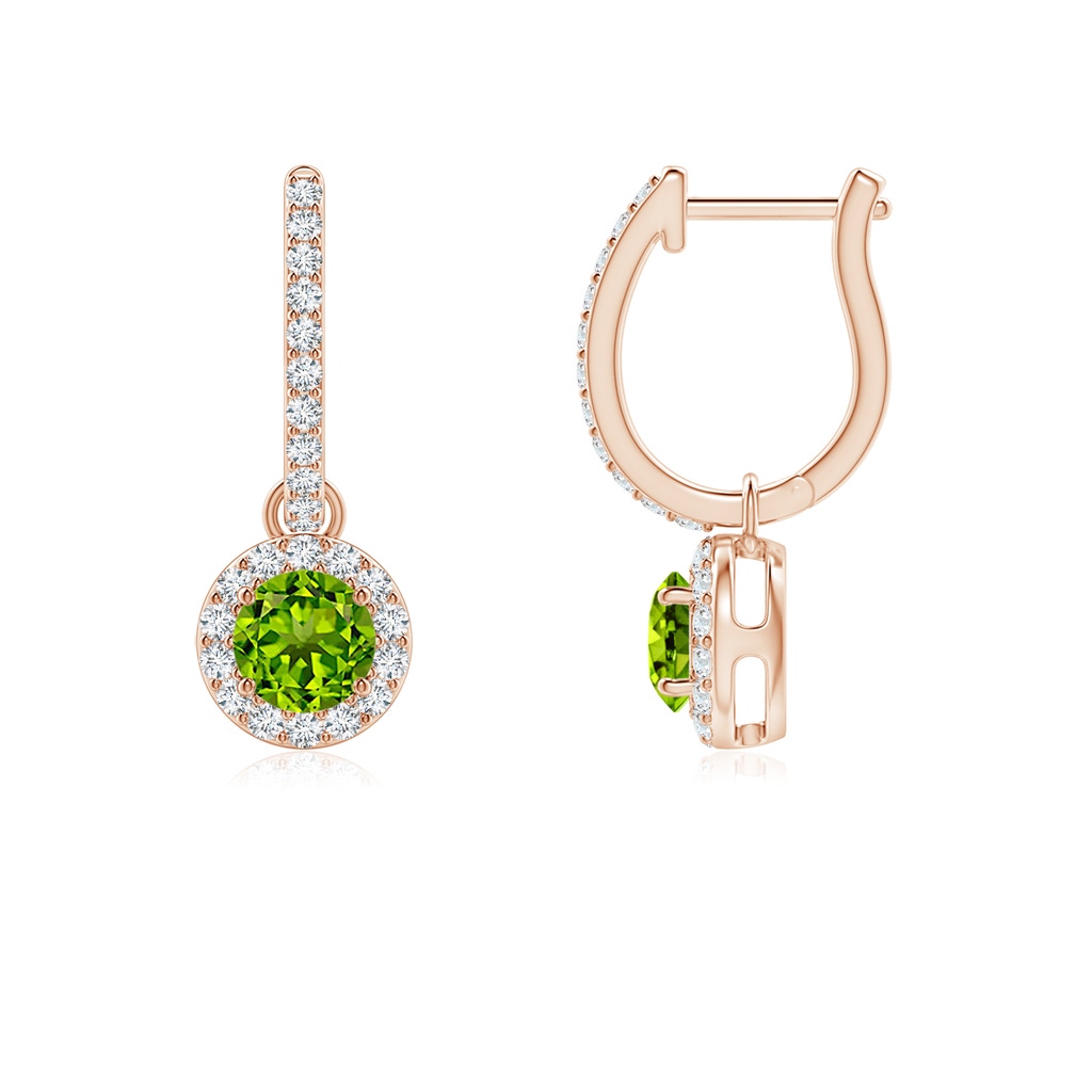 4mm AAAA Round Peridot Dangle Earrings with Diamond Halo in Rose Gold