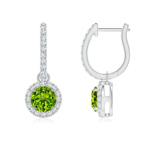 5mm AAAA Round Peridot Dangle Earrings with Diamond Halo in P950 Platinum