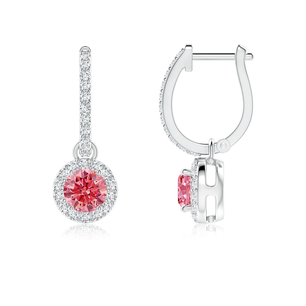 4.5mm AAAA Round Fancy Intense Pink Diamond Dangle Earrings with Halo in P950 Platinum
