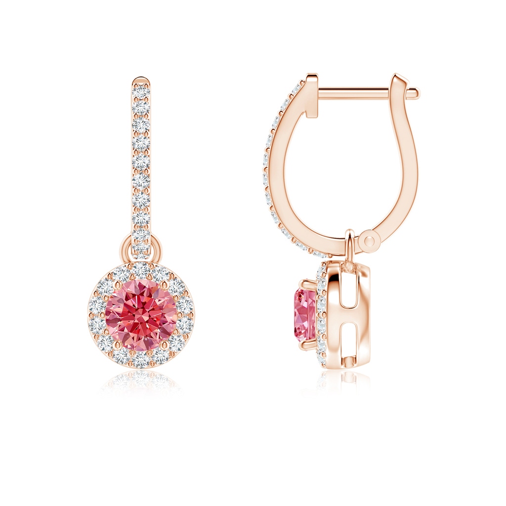 4.5mm AAAA Round Fancy Intense Pink Diamond Dangle Earrings with Halo in Rose Gold
