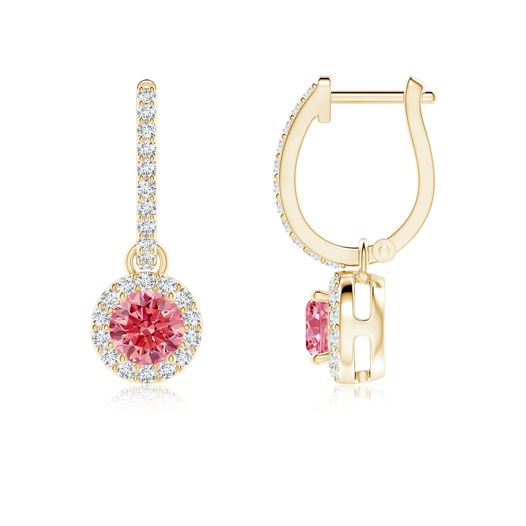 4.5mm AAAA Round Fancy Intense Pink Diamond Dangle Earrings with Halo in Yellow Gold