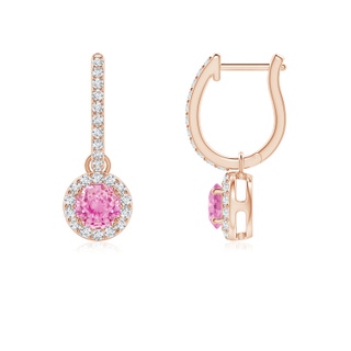 4mm A Round Pink Sapphire Dangle Earrings with Diamond Halo in Rose Gold