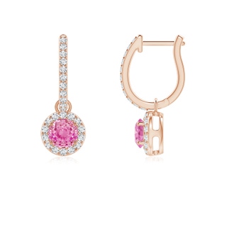 4mm AA Round Pink Sapphire Dangle Earrings with Diamond Halo in Rose Gold