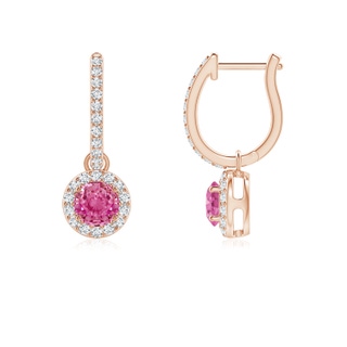 4mm AAA Round Pink Sapphire Dangle Earrings with Diamond Halo in Rose Gold