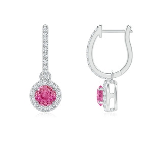 4mm AAA Round Pink Sapphire Dangle Earrings with Diamond Halo in White Gold