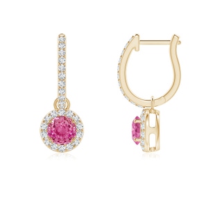 4mm AAA Round Pink Sapphire Dangle Earrings with Diamond Halo in Yellow Gold