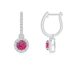 4mm AAAA Round Pink Sapphire Dangle Earrings with Diamond Halo in White Gold