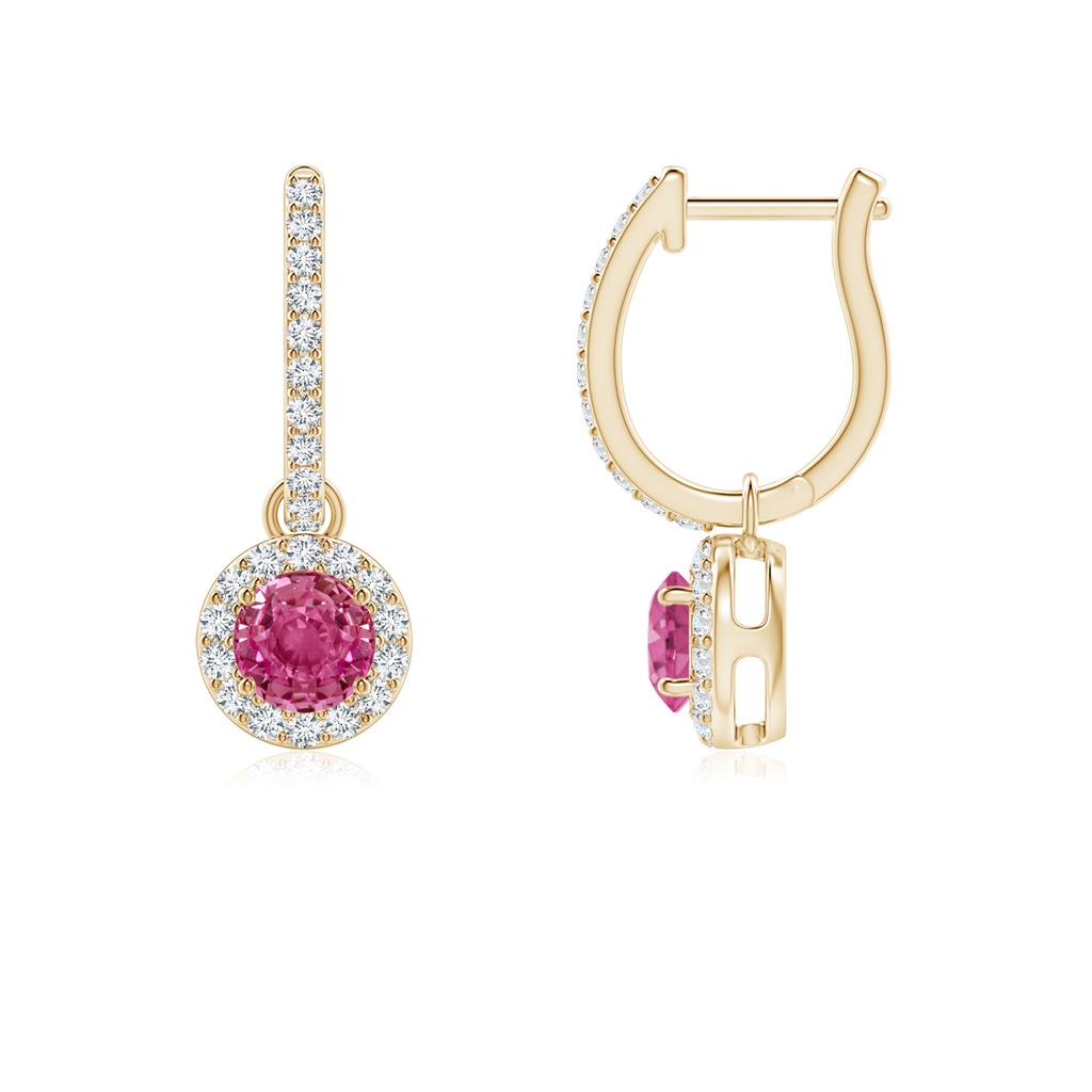 4mm AAAA Round Pink Sapphire Dangle Earrings with Diamond Halo in Yellow Gold