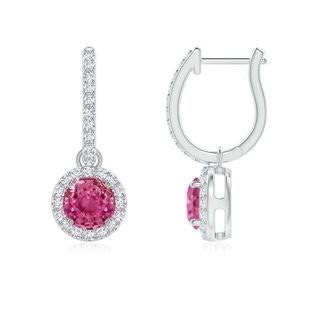 5mm AAAA Round Pink Sapphire Dangle Earrings with Diamond Halo in P950 Platinum