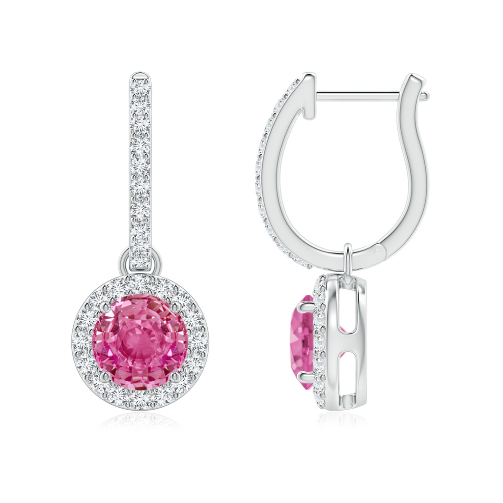 6mm AAA Round Pink Sapphire Dangle Earrings with Diamond Halo in White Gold