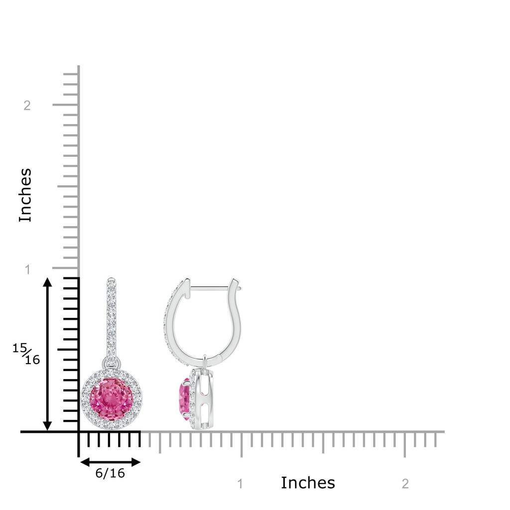 6mm AAA Round Pink Sapphire Dangle Earrings with Diamond Halo in White Gold Ruler