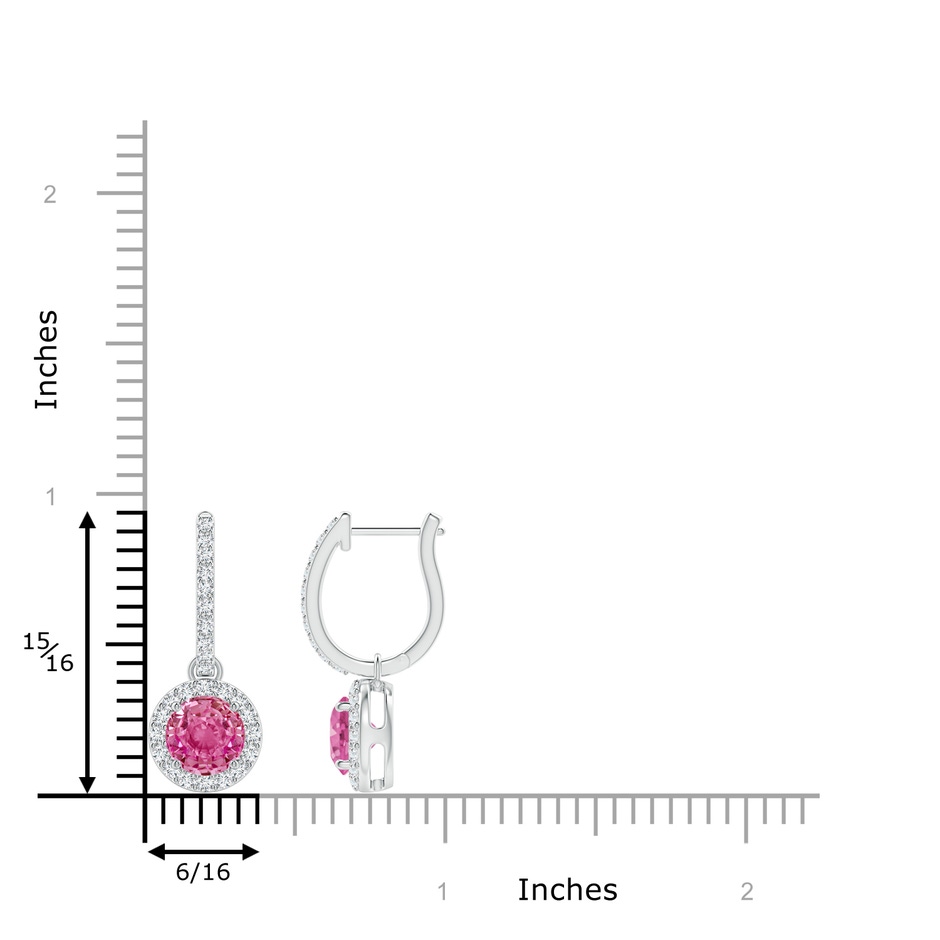 6mm AAA Round Pink Sapphire Dangle Earrings with Diamond Halo in White Gold ruler