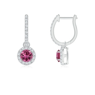4mm AAAA Round Pink Tourmaline Dangle Earrings with Diamond Halo in White Gold