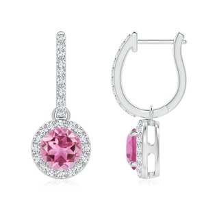 6mm AAA Round Pink Tourmaline Dangle Earrings with Diamond Halo in White Gold