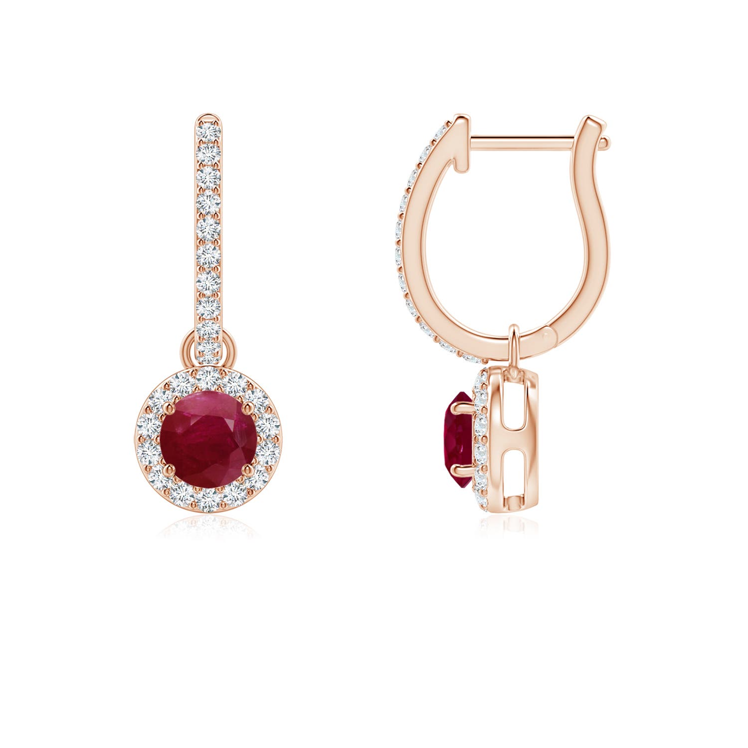 4mm A Round Ruby Dangle Earrings with Diamond Halo in 18K Rose Gold