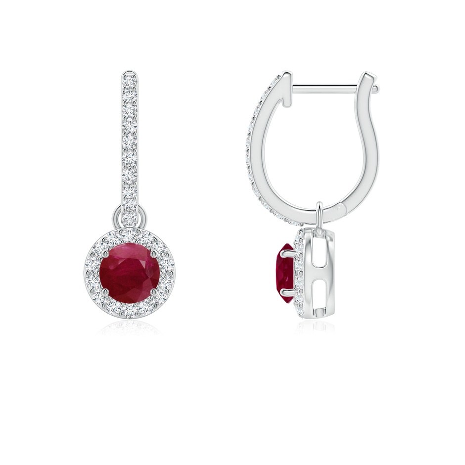 4mm A Round Ruby Dangle Earrings with Diamond Halo in P950 Platinum 